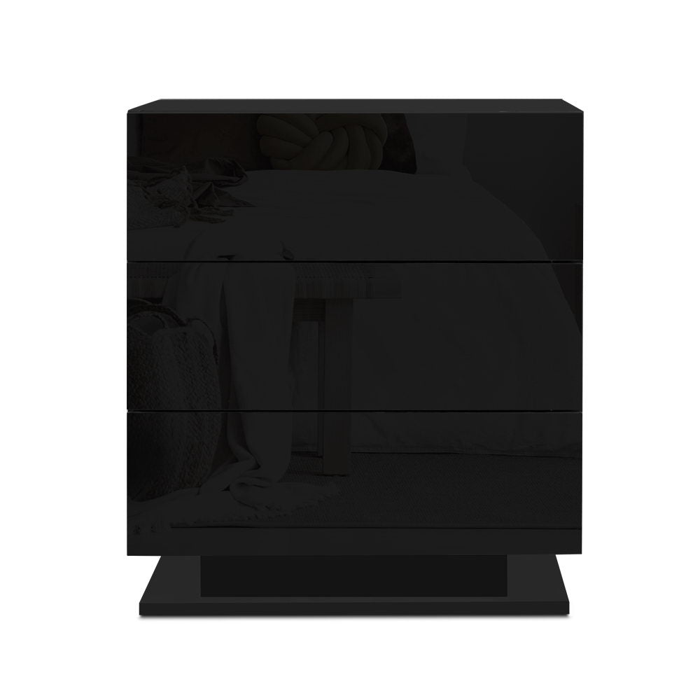 Artiss Bedside Table LED 3 Drawers - MORI Black-2