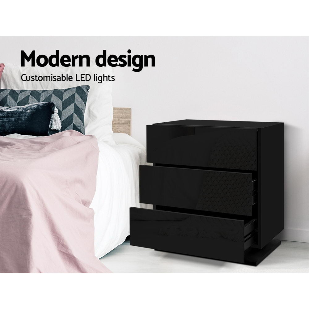 Artiss Bedside Table LED 3 Drawers - MORI Black-3