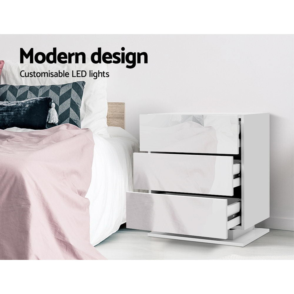 Artiss Bedside Table LED 3 Drawers - MORI White-3