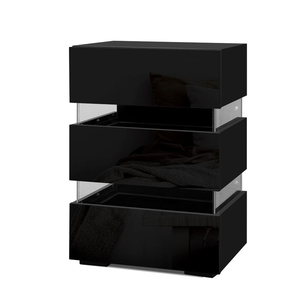 Artiss Bedside Table LED 3 Drawers - LUMI Black-0