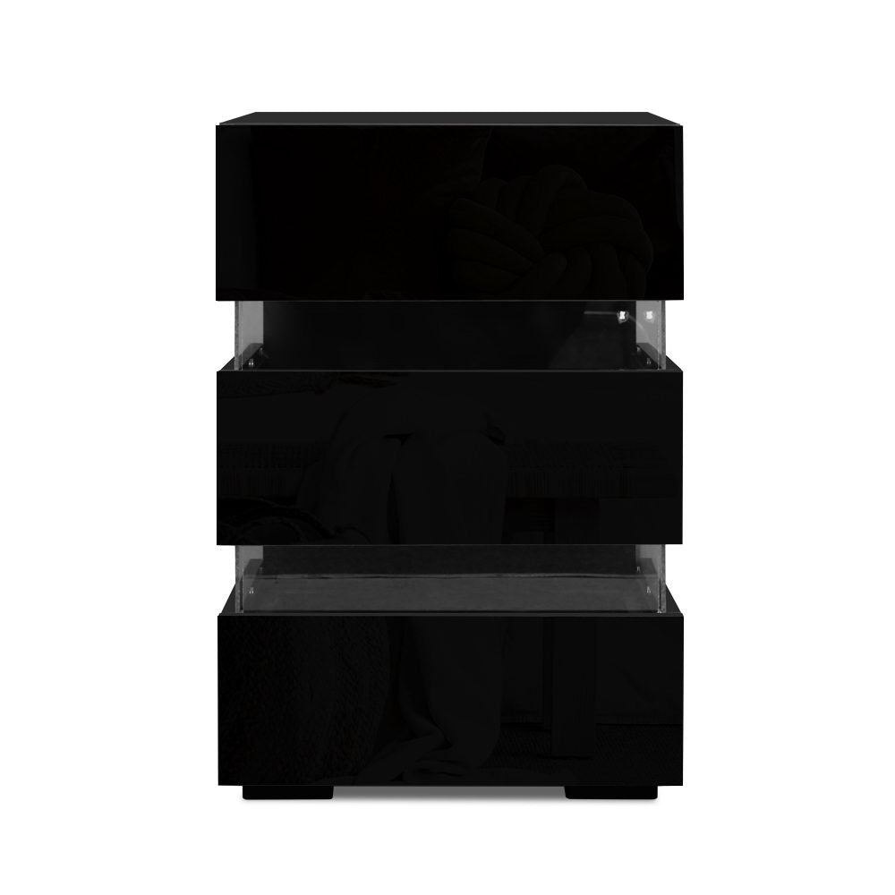 Artiss Bedside Table LED 3 Drawers - LUMI Black-2