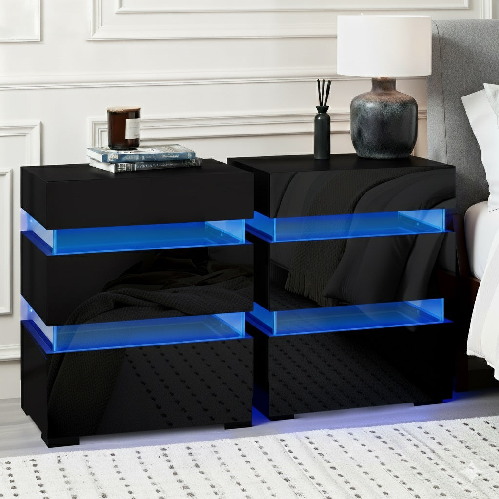 Artiss 2x Bedside Table LED 3 Drawers - LUMI Black-6