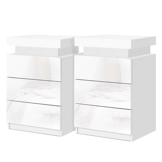 Artiss 2X Bedside Table LED 3 Drawers - COLEY White-0