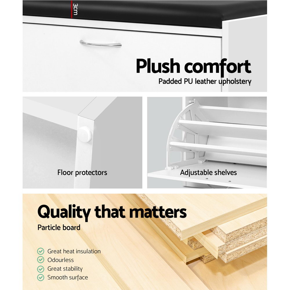 Artiss Shoe Rack Cabinet Bench 15 Pairs White Kyla-3