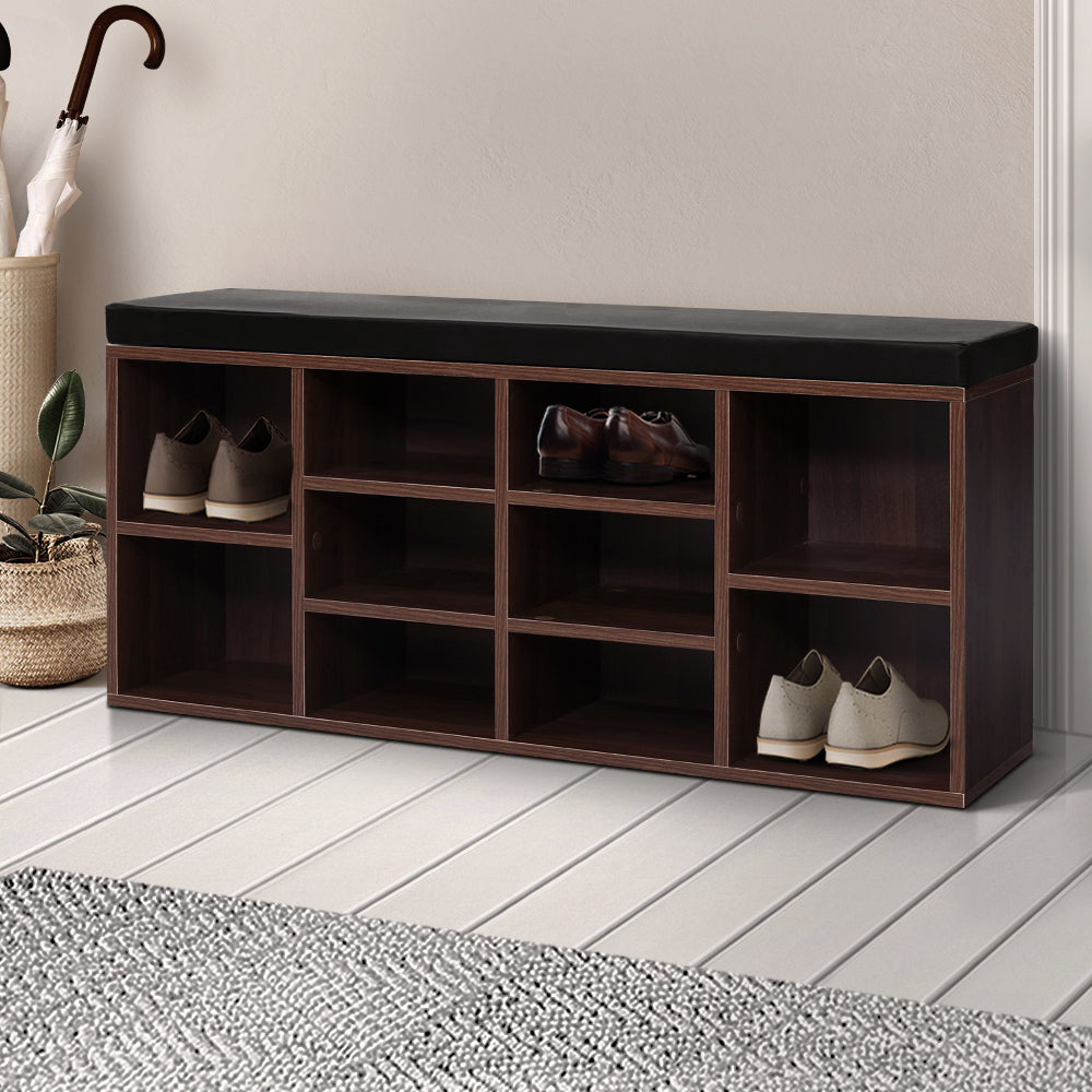 Artiss Shoe Rack Cabinet Bench 10 Cubes - Walnut-7