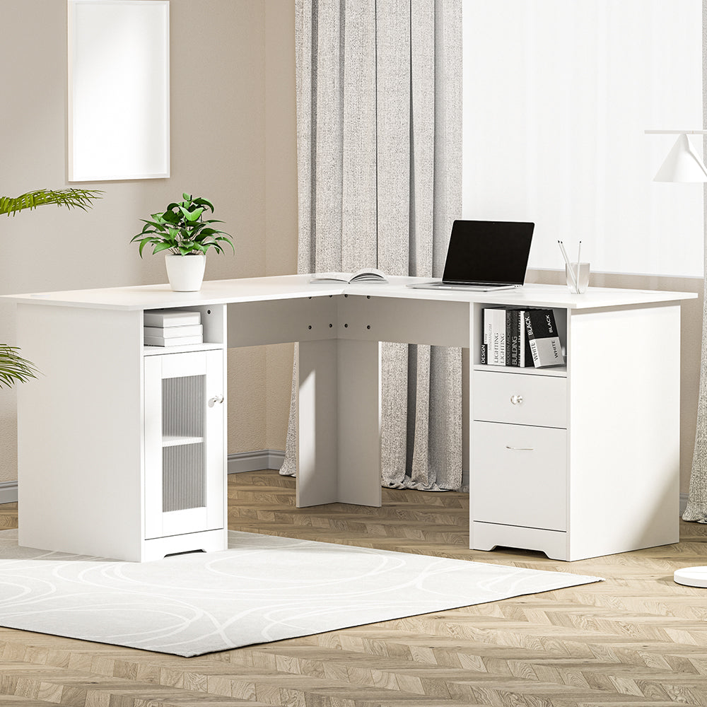 Artiss Computer Desk Shelf Cabinet L-Shape White 150CM-6