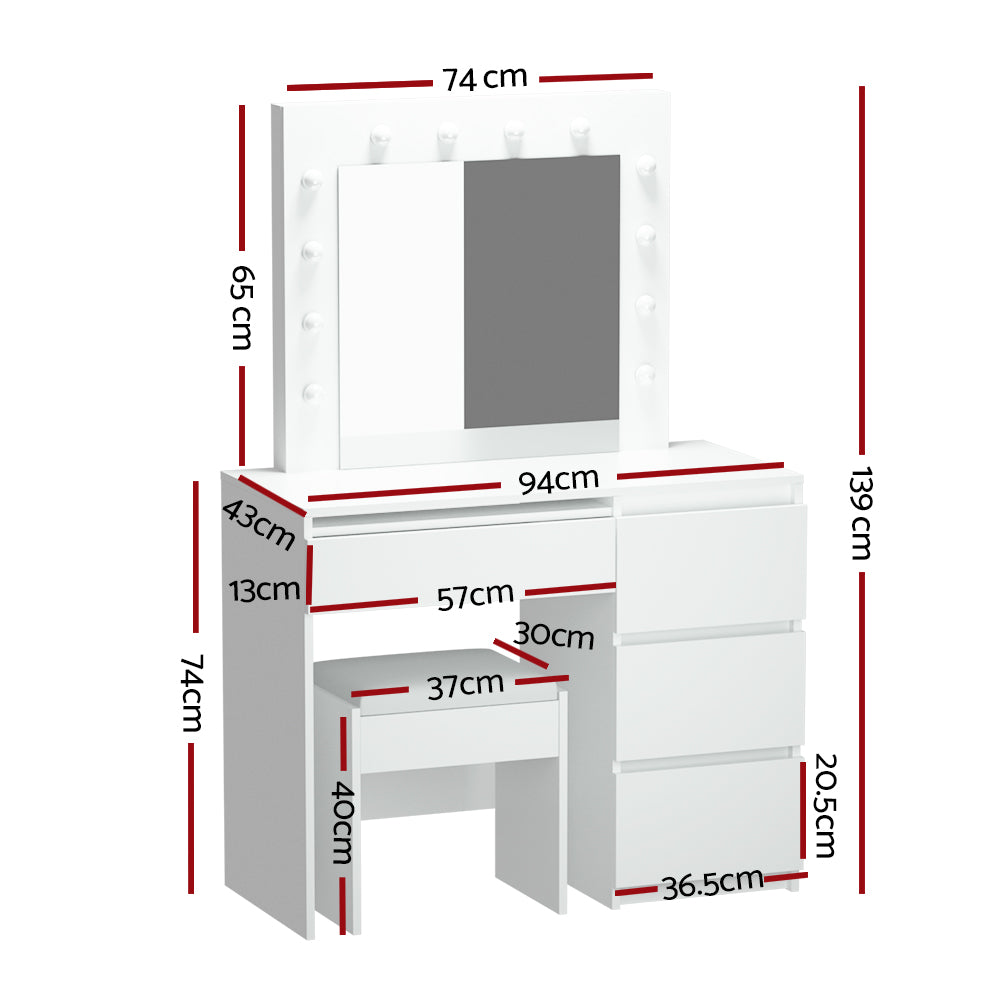 Artiss Dressing Table Set Stool 12 Led Bulbs White-1