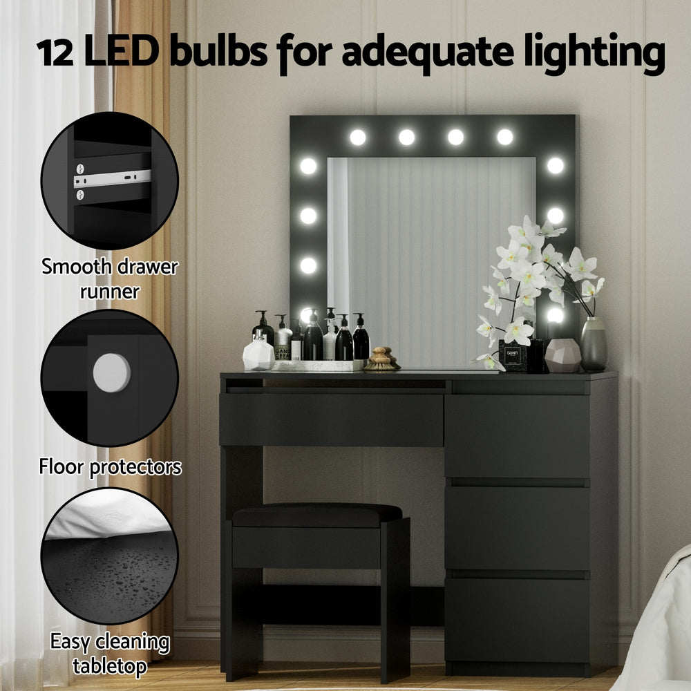 Artiss Dressing Table Set Stool 12 Led Bulbs Black-6