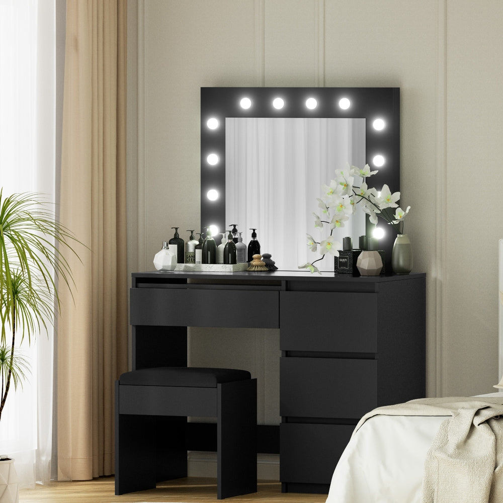 Artiss Dressing Table Set Stool 12 Led Bulbs Black-7
