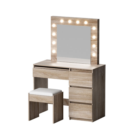 Artiss Dressing Table Set Stool 12 Led Bulbs Wood-0