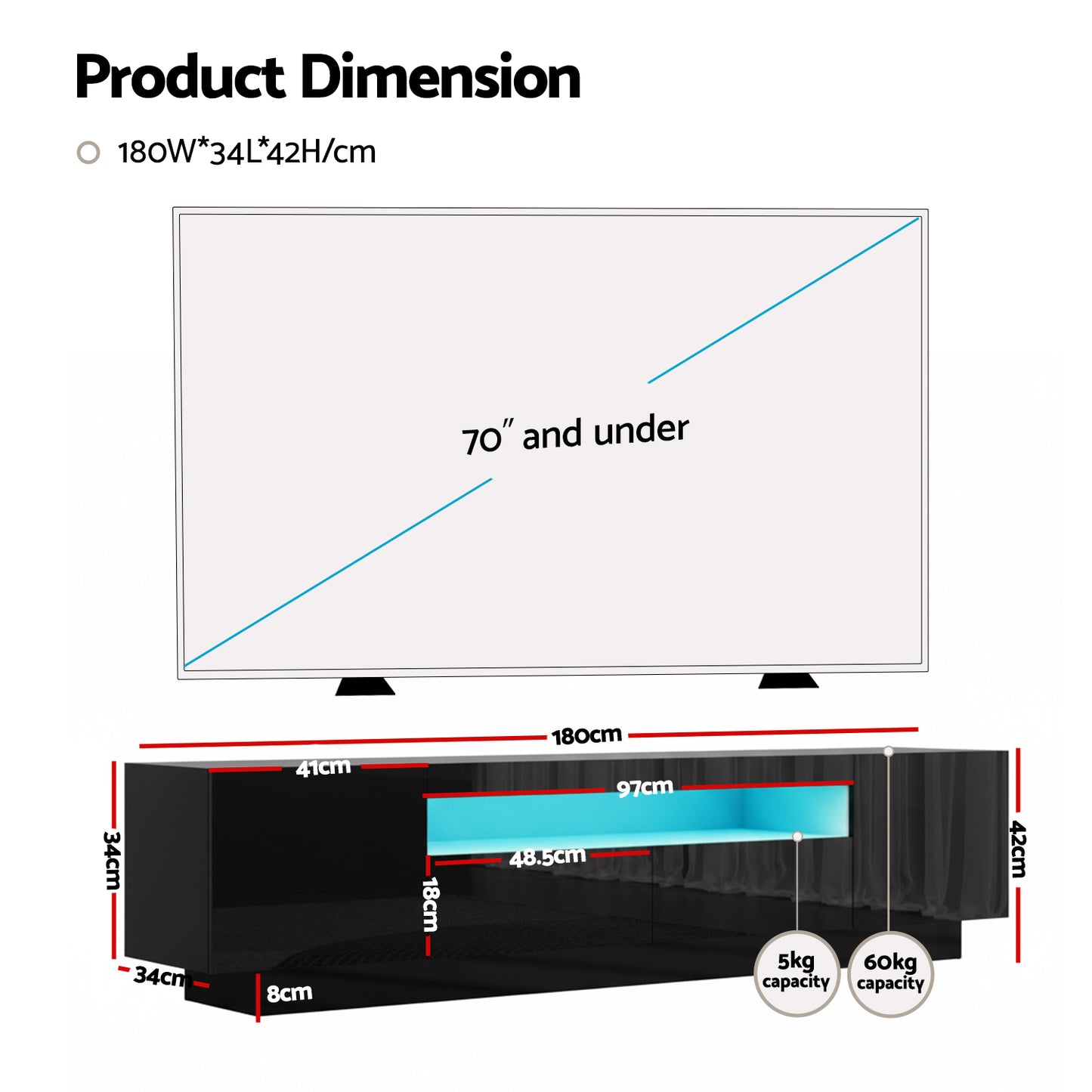 Artiss TV Unit Entertainment Unit Storage Drawer RGB LED 180cm Black-4