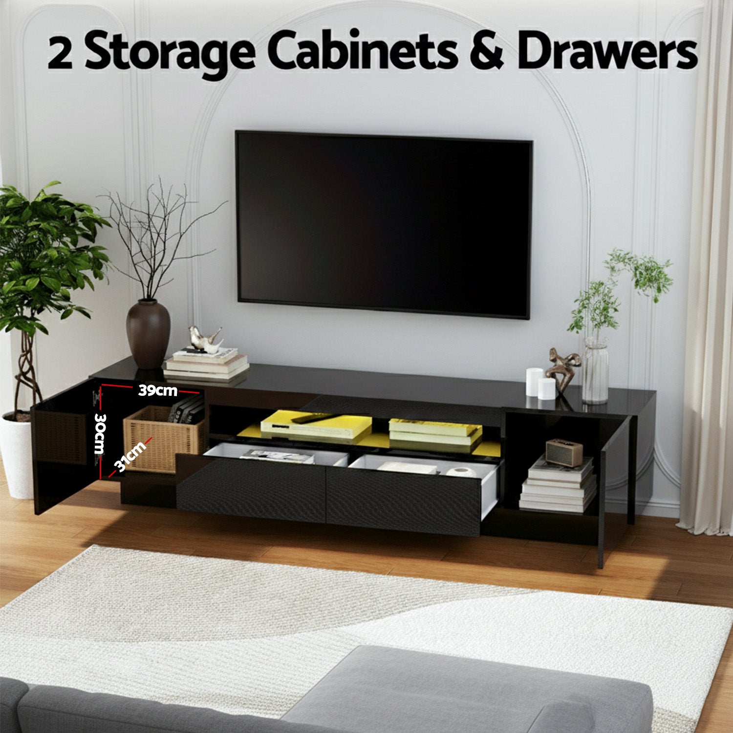 Artiss TV Unit Entertainment Unit Storage Drawer RGB LED 180cm Black-5