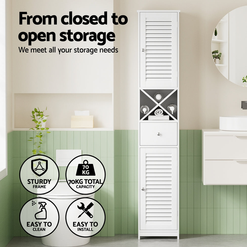 Artiss Bathroom Storage Cabinet 170cm Tall Slim Organiser Toilet Corner Adjustable Shelf Louver Door White-4