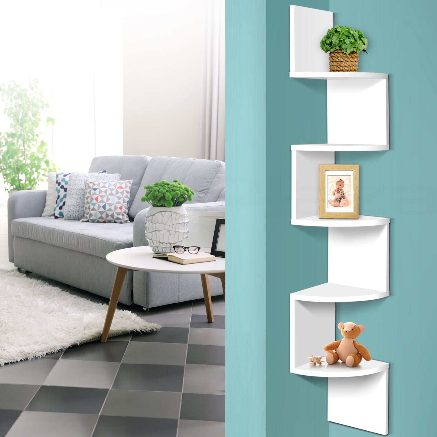 Artiss Wall Shelf Corner Floating 5-Tier White-6