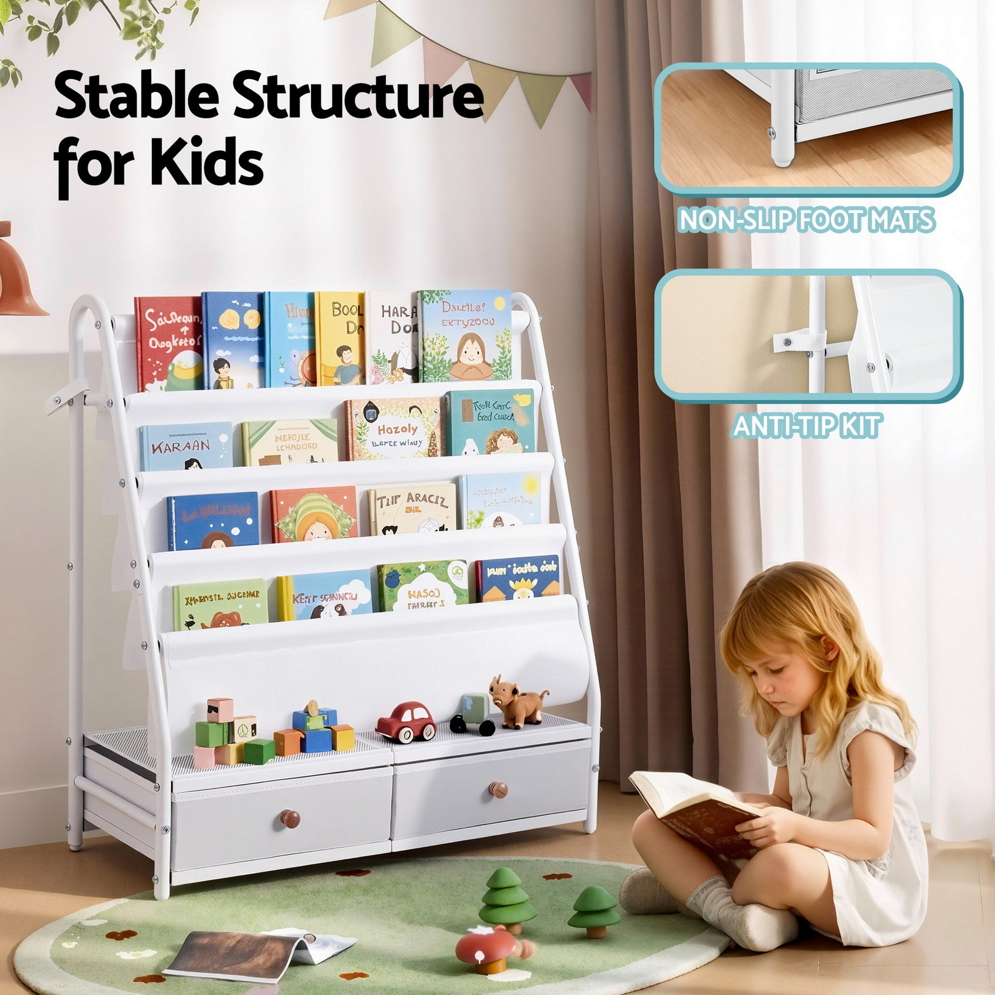 Keezi Kids Bookshelf Metal Storage Rack Toy Organiser Display Shelf Drawer White-7