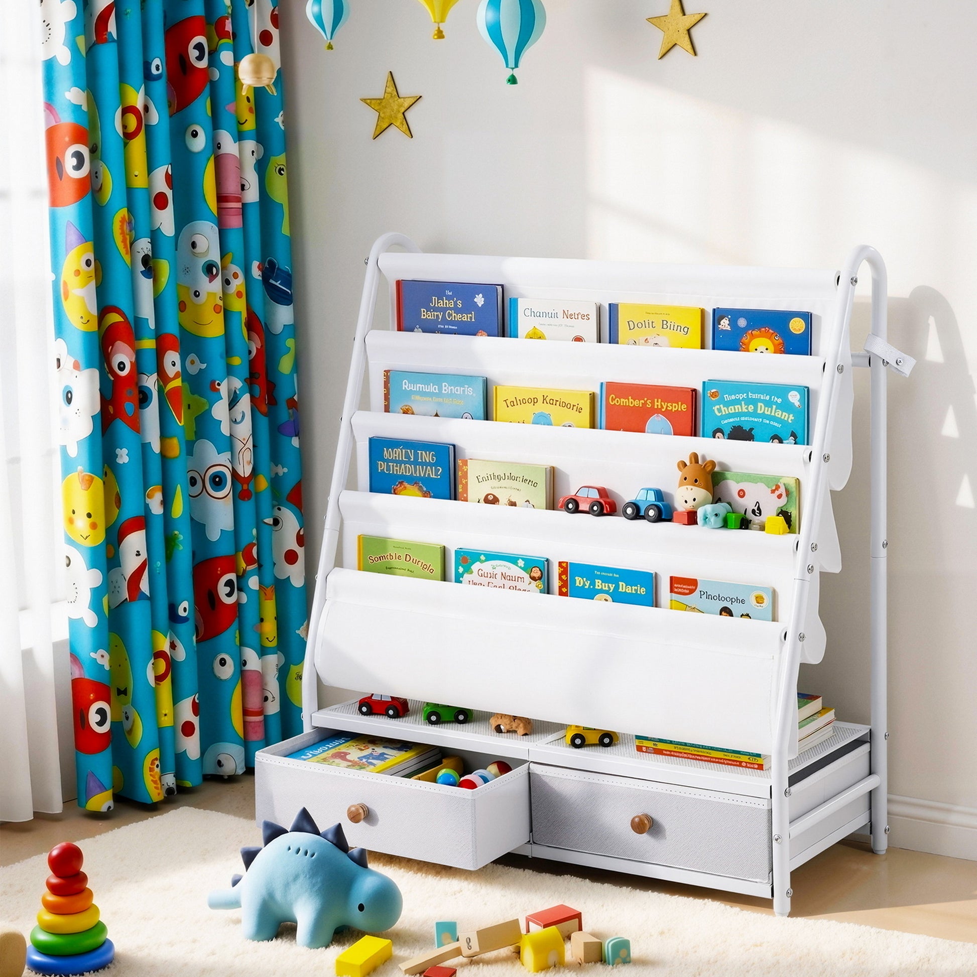 Keezi Kids Bookshelf Metal Storage Rack Toy Organiser Display Shelf Drawer White-8