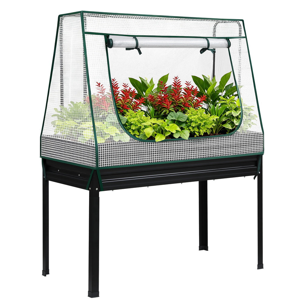 Green Fingers Elevated Metal Garden Bed Kit w Mini Greenhouse Cover 116x60cm Stand-Up Height Trellis-6