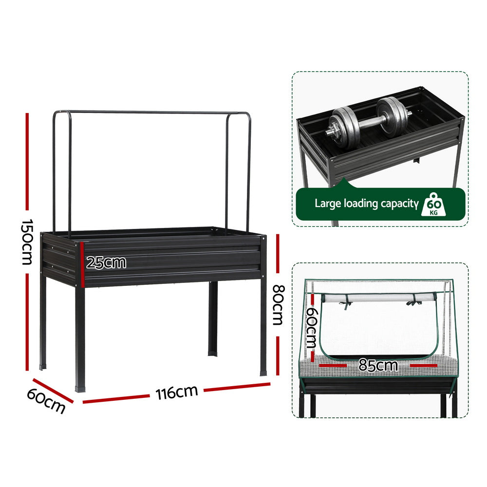 Green Fingers Elevated Metal Garden Bed Kit w Mini Greenhouse Cover 116x60cm Stand-Up Height Trellis-5