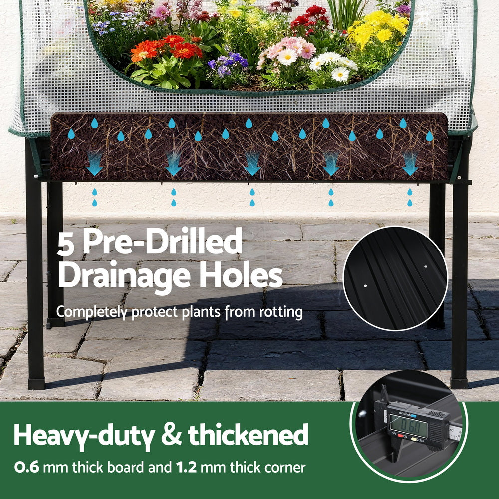 Green Fingers Elevated Metal Garden Bed Kit w Mini Greenhouse Cover 116x60cm Stand-Up Height Trellis-3