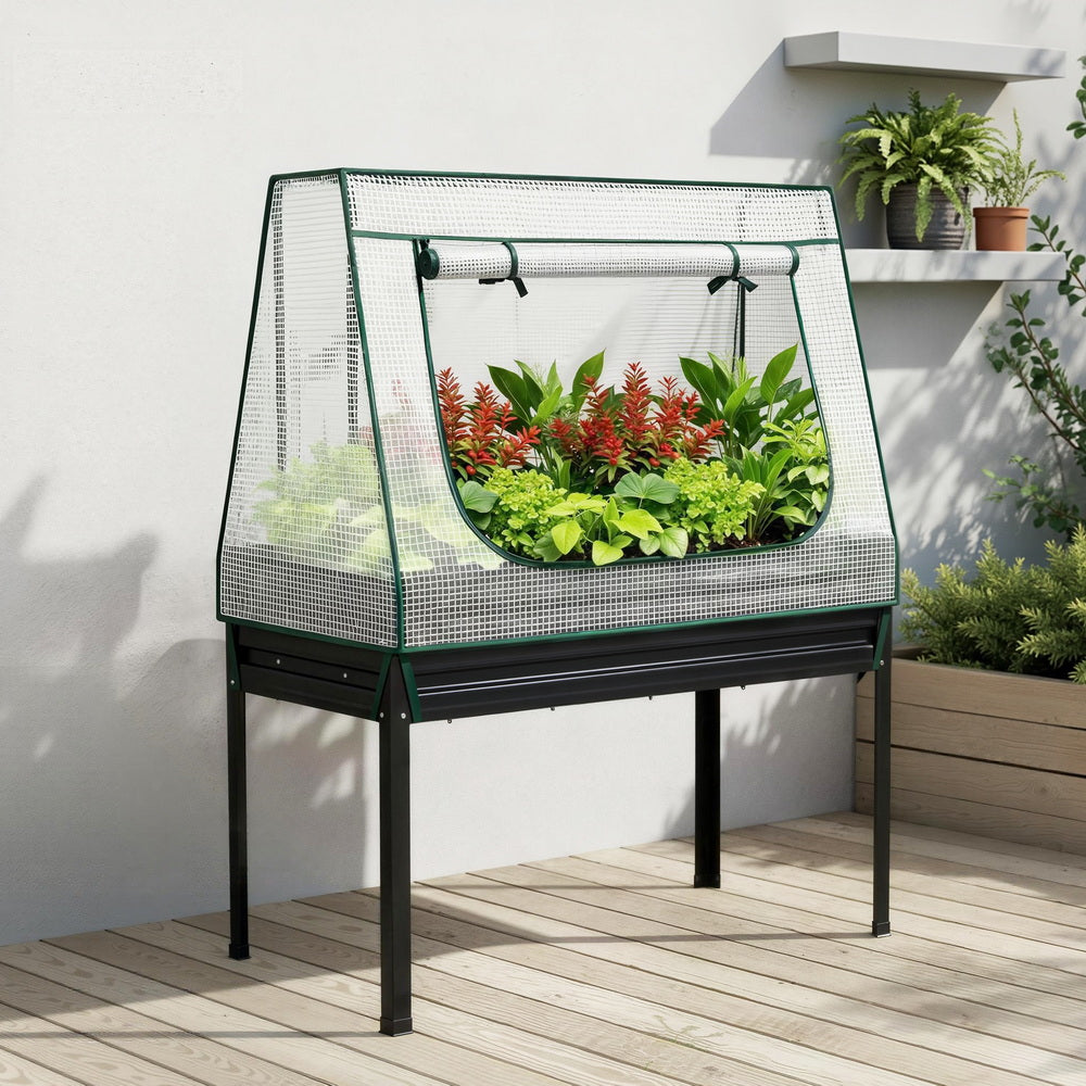 Green Fingers Elevated Metal Garden Bed Kit w Mini Greenhouse Cover 116x60cm Stand-Up Height Trellis-0