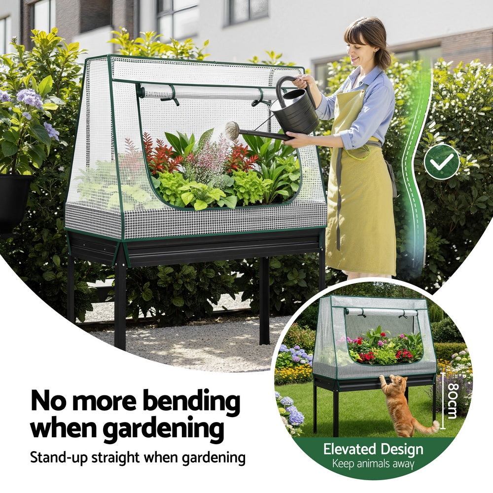 Green Fingers Elevated Metal Garden Bed Kit w Mini Greenhouse Cover 116x60cm Stand-Up Height Trellis-4