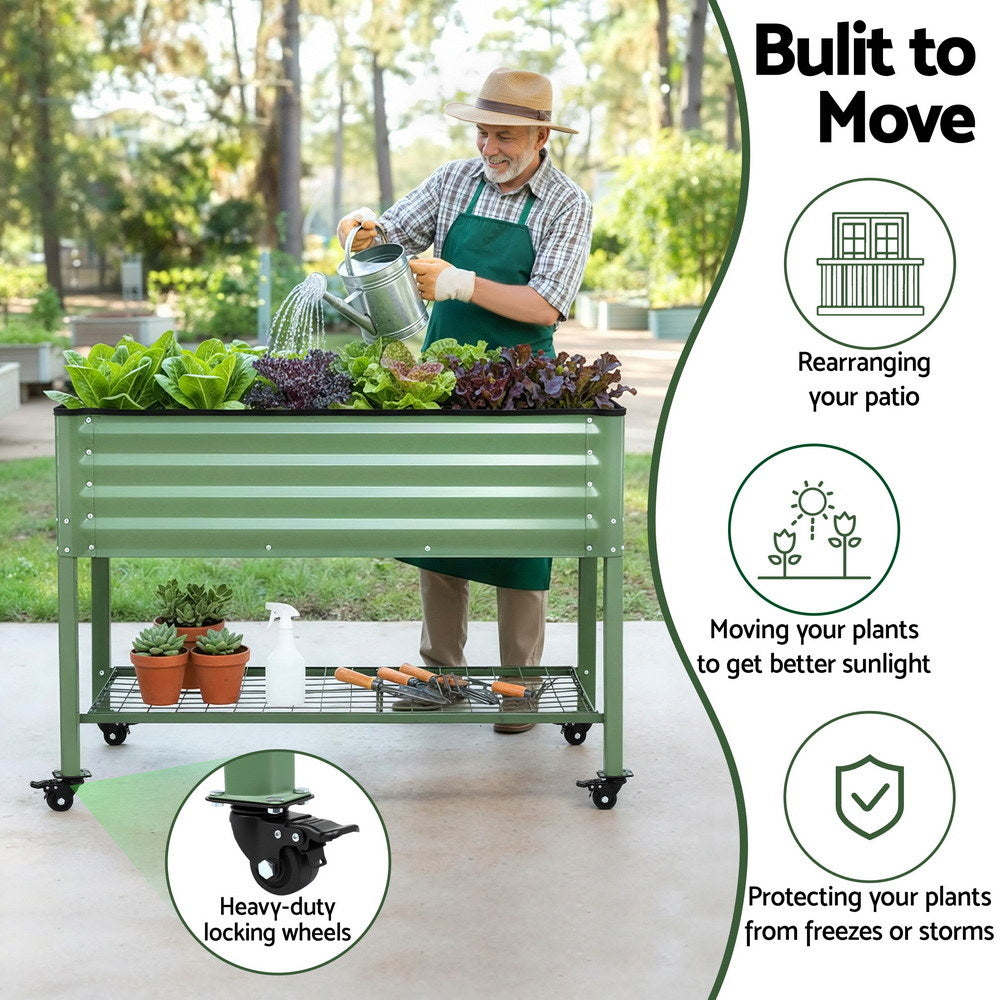 Green Fingers Elevated Raised Garden Bed Kit Mobile w/ Locking Wheels & Storage Shelf 100KG Max Load 115x60x81cm | Galvanized Steel, Portable Green Organizer for Seniors, Patio, Balcony, Vegetables-1