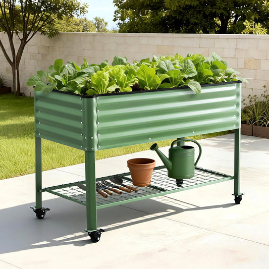 Green Fingers Elevated Raised Garden Bed Kit Mobile w/ Locking Wheels & Storage Shelf 100KG Max Load 115x60x81cm | Galvanized Steel, Portable Green Organizer for Seniors, Patio, Balcony, Vegetables-0