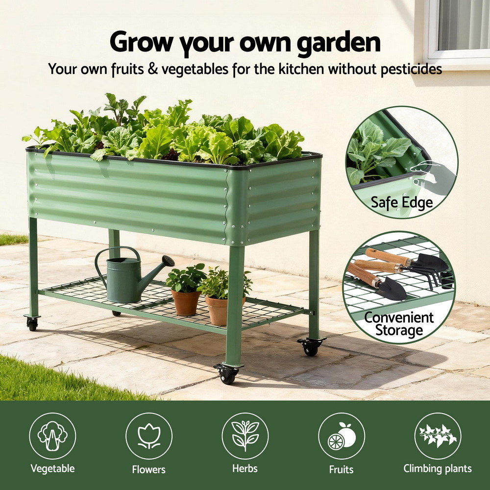 Green Fingers Elevated Raised Garden Bed Kit Mobile w/ Locking Wheels & Storage Shelf 100KG Max Load 115x60x81cm | Galvanized Steel, Portable Green Organizer for Seniors, Patio, Balcony, Vegetables-4