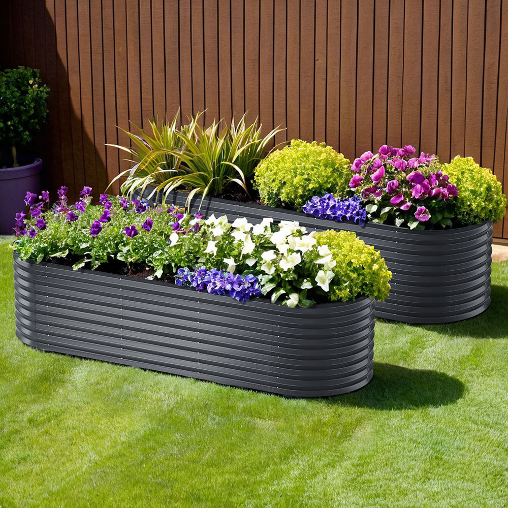 x2 Green Fingers Raised Garden Bed Kit Planter Oval Galvanised Steel 240cmX80cmX56cm-6