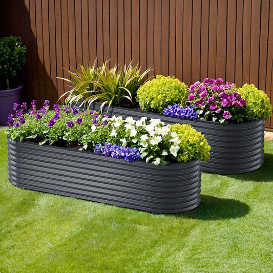 x2 Green Fingers Raised Garden Bed Kit Planter Oval Galvanised Steel 240cmX80cmX56cm-0