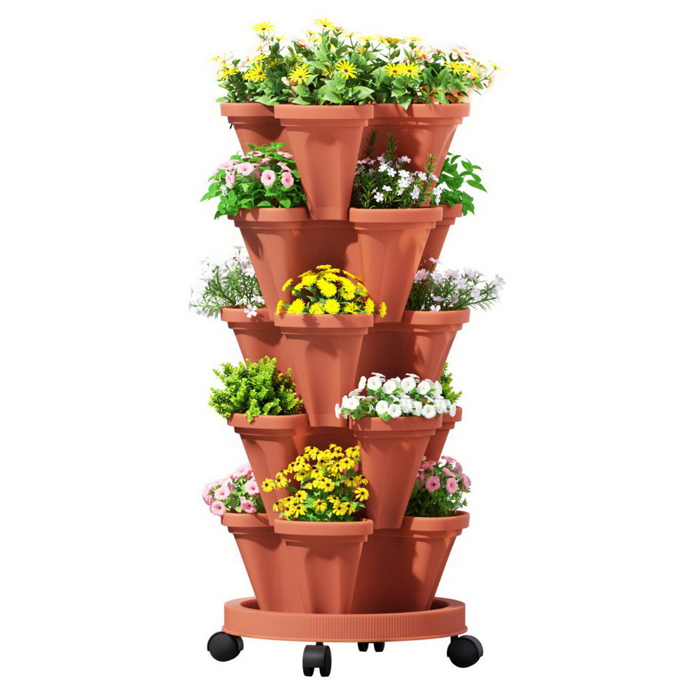 Green Fingers Raised Garden Bed 5 Tier Vertical Garden Brick Red Strawberry Stackable Planters Herbs Petunias-0