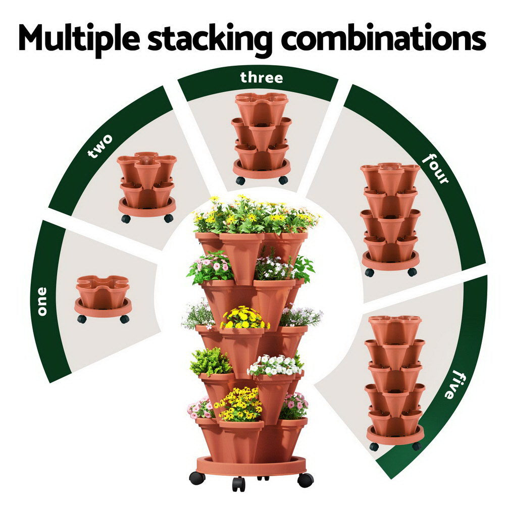Green Fingers Raised Garden Bed 5 Tier Vertical Garden Brick Red Strawberry Stackable Planters Herbs Petunias-4