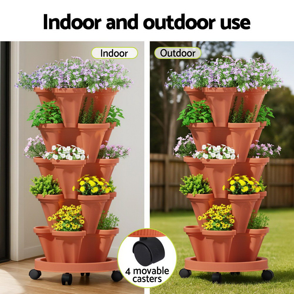 Green Fingers Raised Garden Bed 5 Tier Vertical Garden Brick Red Strawberry Stackable Planters Herbs Petunias-5