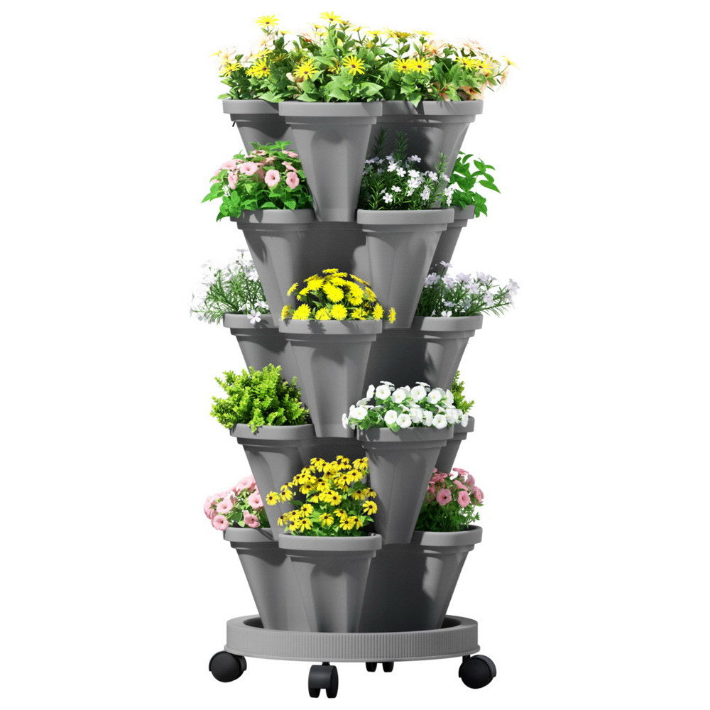 Green Fingers Raised Garden Bed 5 Tier Vertical Garden Grey Strawberry Stackable Planters Herbs Petunias-0