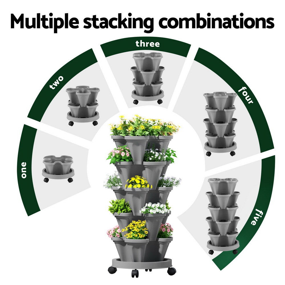 Green Fingers Raised Garden Bed 5 Tier Vertical Garden Grey Strawberry Stackable Planters Herbs Petunias-4