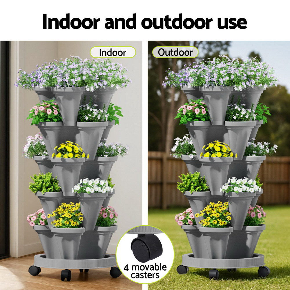 Green Fingers Raised Garden Bed 5 Tier Vertical Garden Grey Strawberry Stackable Planters Herbs Petunias-5
