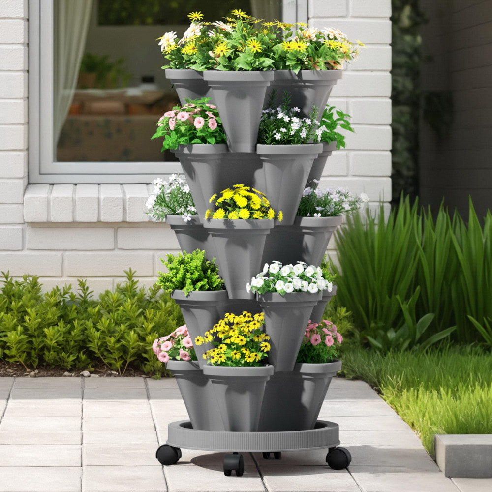 Green Fingers Raised Garden Bed 5 Tier Vertical Garden Grey Strawberry Stackable Planters Herbs Petunias-6
