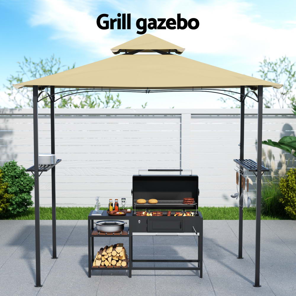 Instahut Gazebo Outdoor Patio Marquee BBQ Grill Shelter Garden Shade Hooks Beige-3