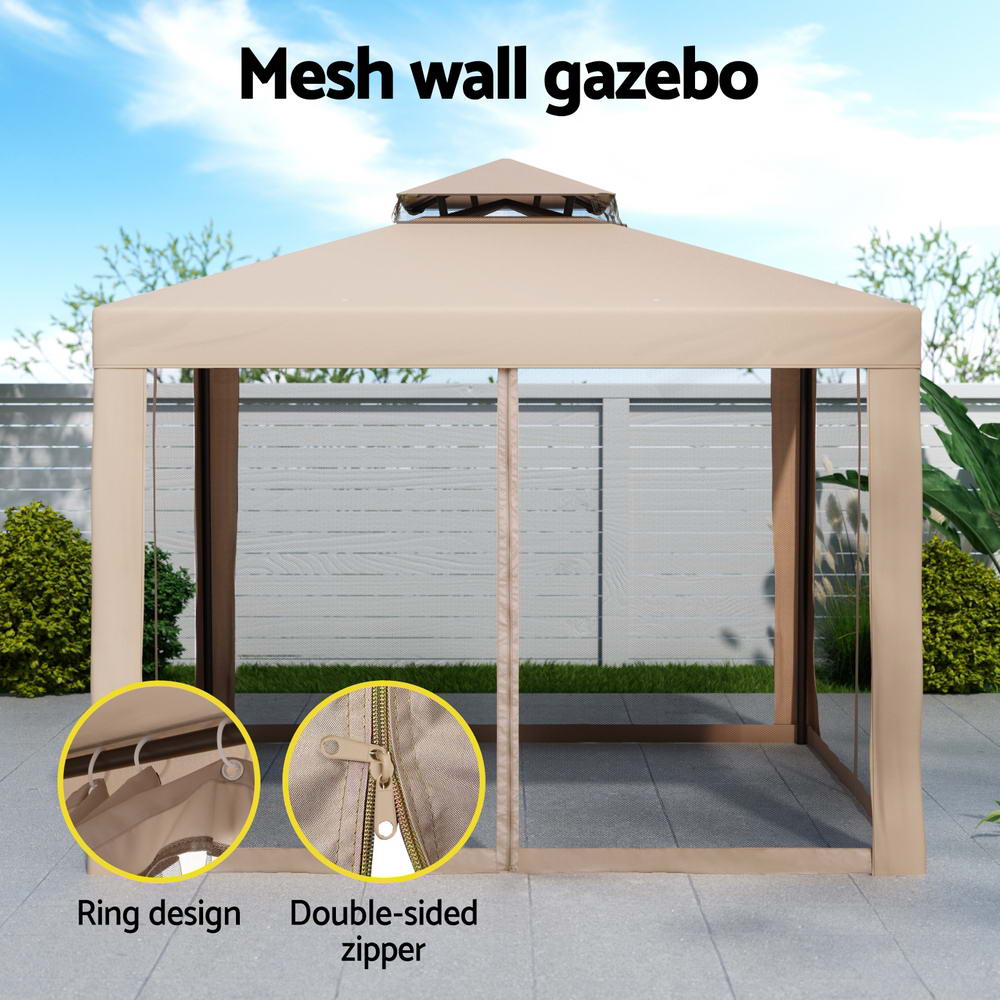 Instahut Gazebo Marquee 3m Outdoor Event Tent Camping Party Mesh Wall Canopy Brown-3