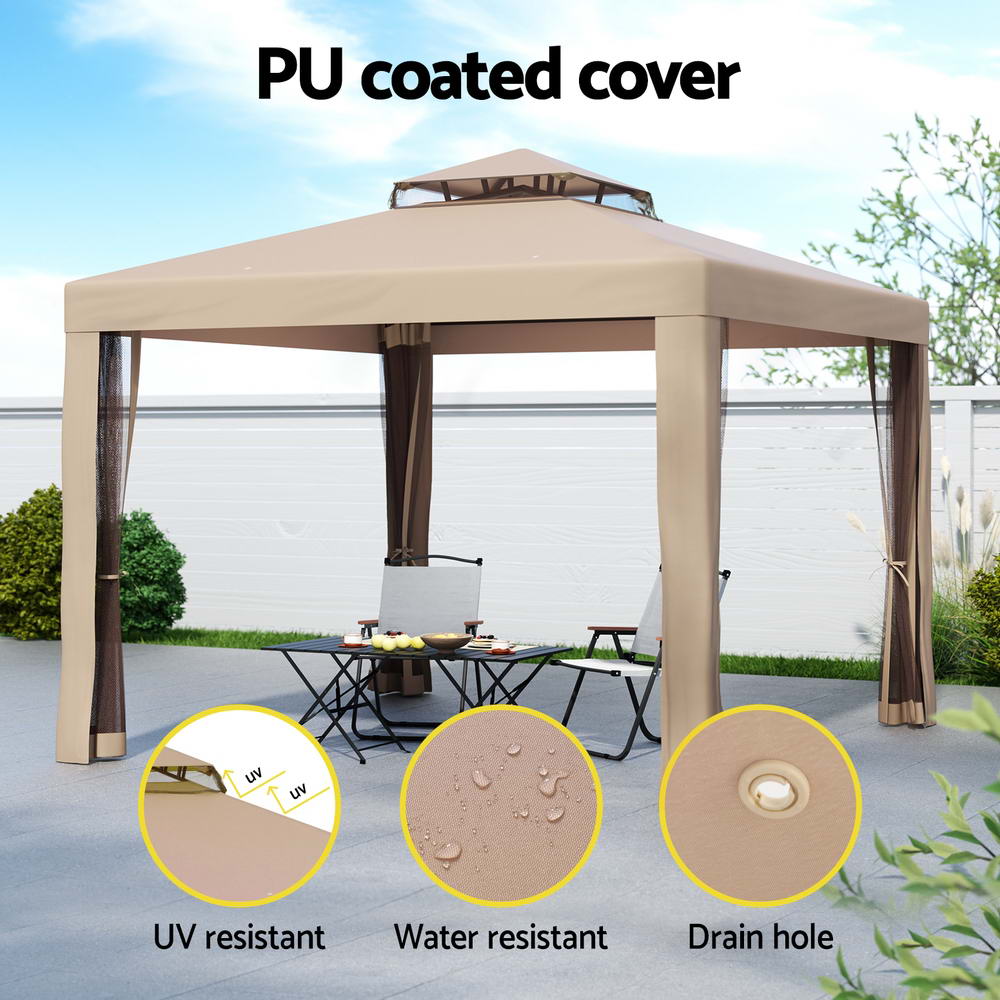 Instahut Gazebo Marquee 3m Outdoor Event Tent Camping Party Mesh Wall Canopy Brown-4