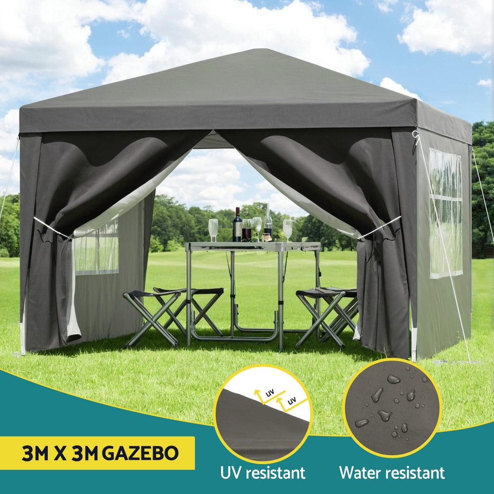 Instahut Gazebo 3x3 Pop Up Marquee Folding Tent Wedding Gazebos Camping Outdoor Shade Canopy Gray-3