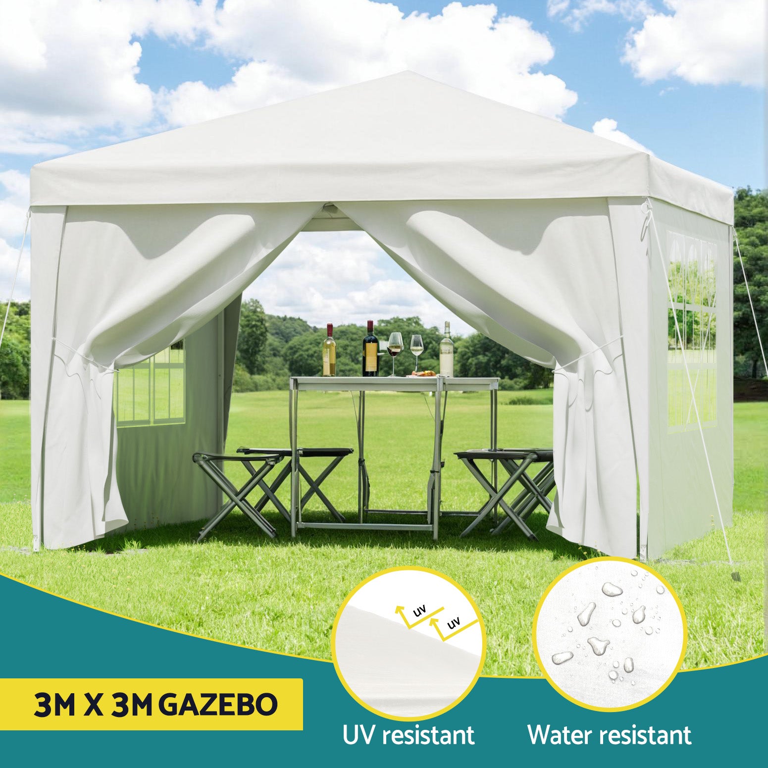 Instahut Gazebo 3x3 Pop Up Marquee Folding Tent Wedding Gazebos Camping Outdoor Canopy White-3