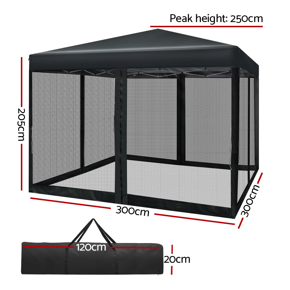 Instahut Gazebo Pop Up Marquee 3x3m Wedding Party Outdoor Camping Tent Canopy Shade Mesh Wall Black-1