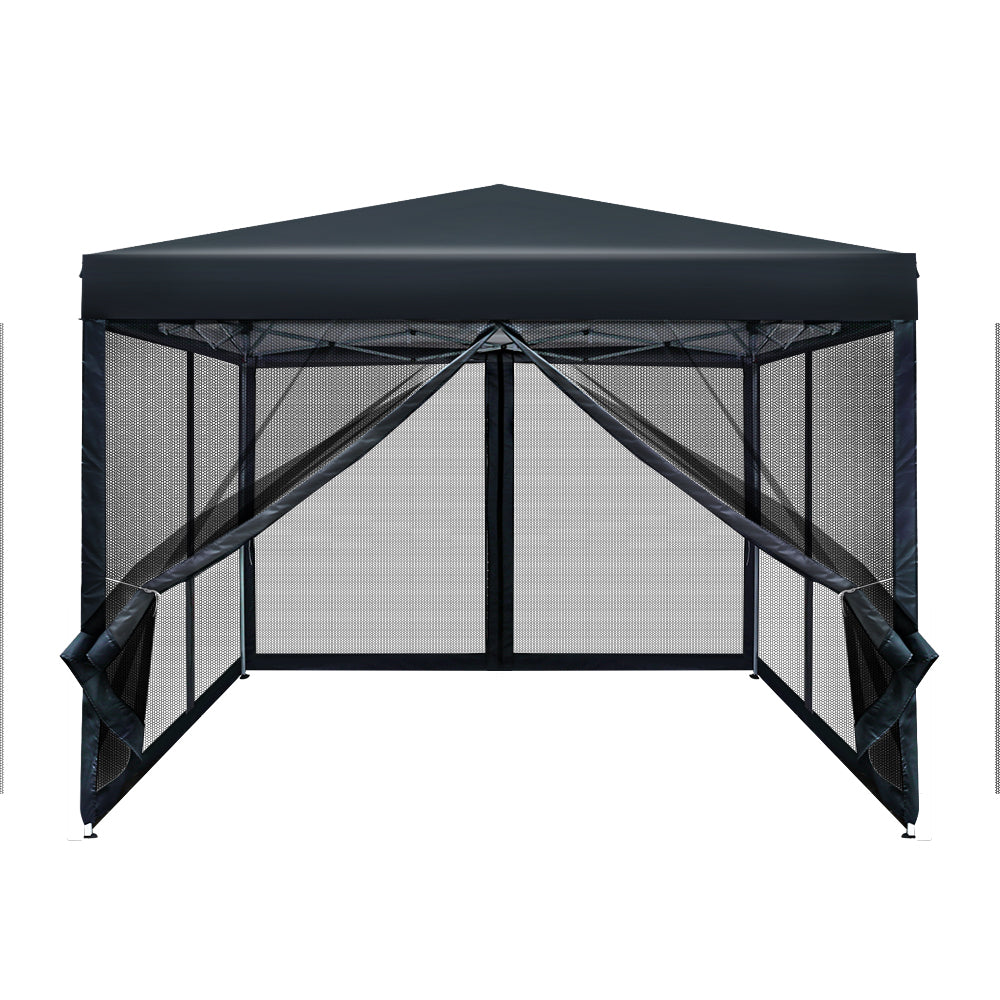 Instahut Gazebo Pop Up Marquee 3x3m Wedding Party Outdoor Camping Tent Canopy Shade Mesh Wall Black-2