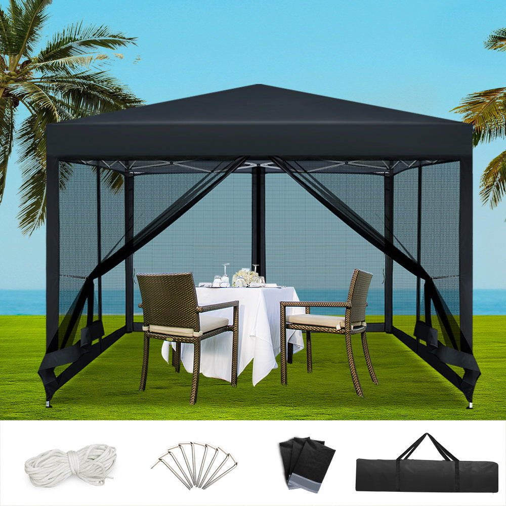 Instahut Gazebo Pop Up Marquee 3x3m Wedding Party Outdoor Camping Tent Canopy Shade Mesh Wall Black-0