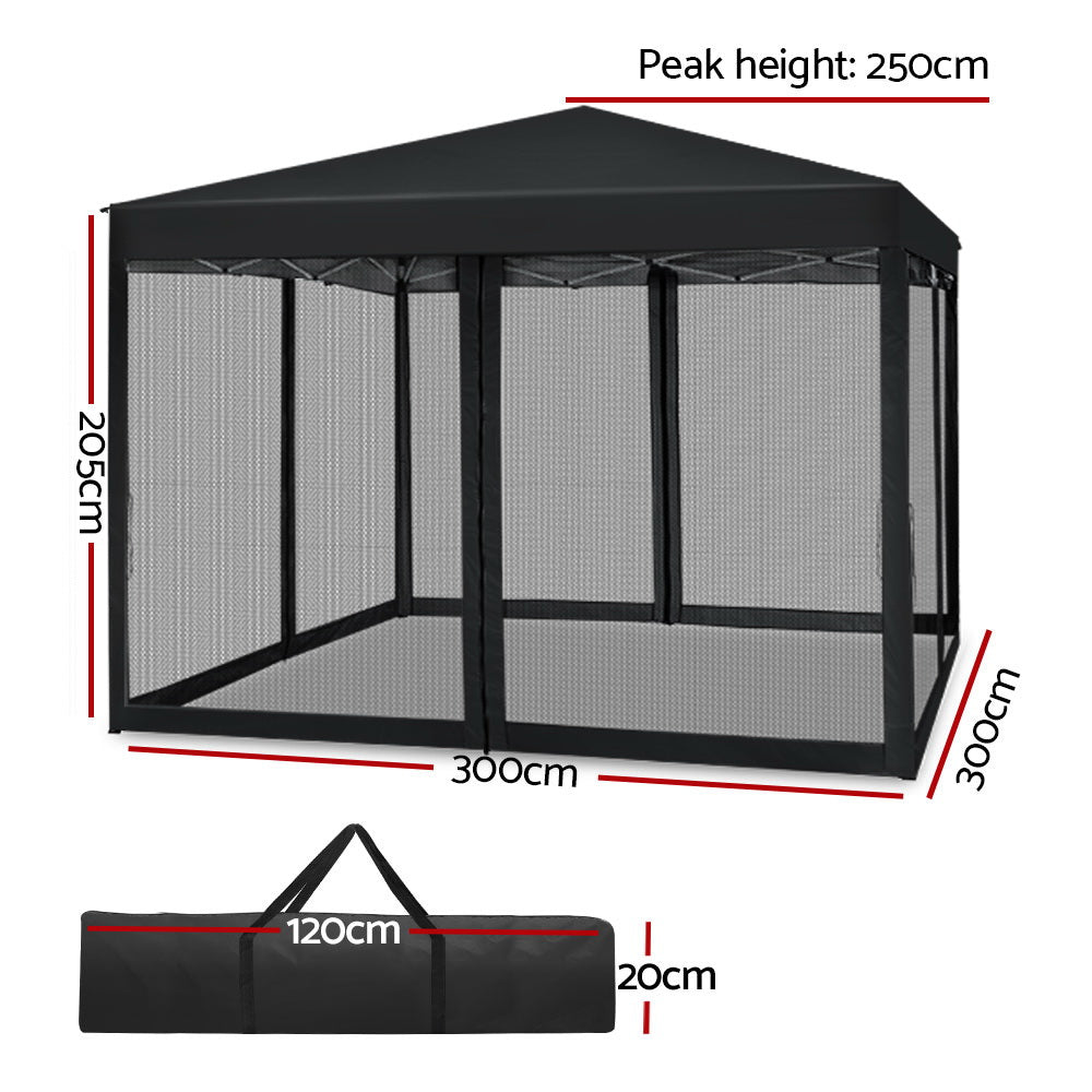 Instahut Gazebo Pop Up Marquee 3x3m Wedding Party Outdoor Camping Tent Canopy Shade Mesh Wall Black-1