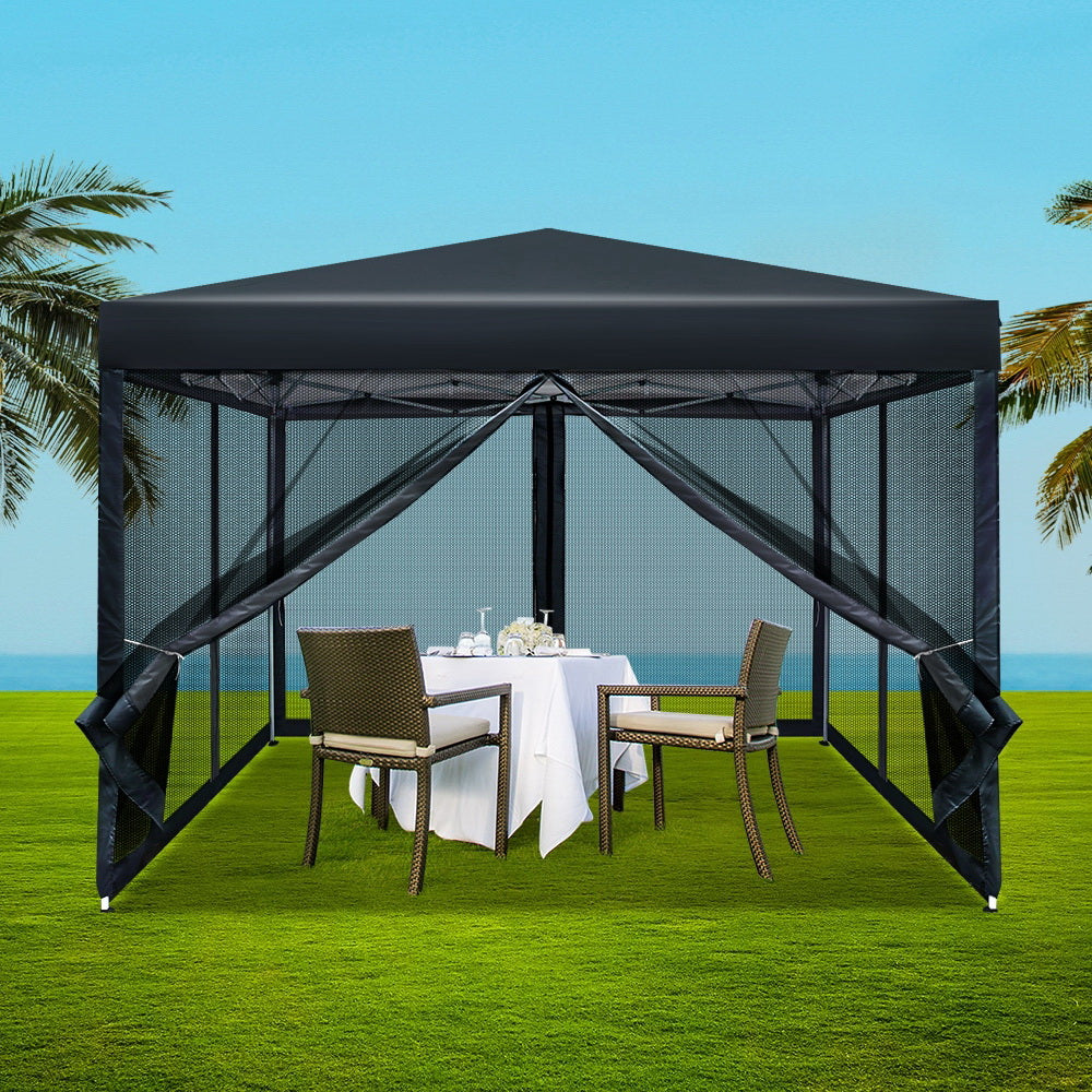 Instahut Gazebo Pop Up Marquee 3x3m Wedding Party Outdoor Camping Tent Canopy Shade Mesh Wall Black-6