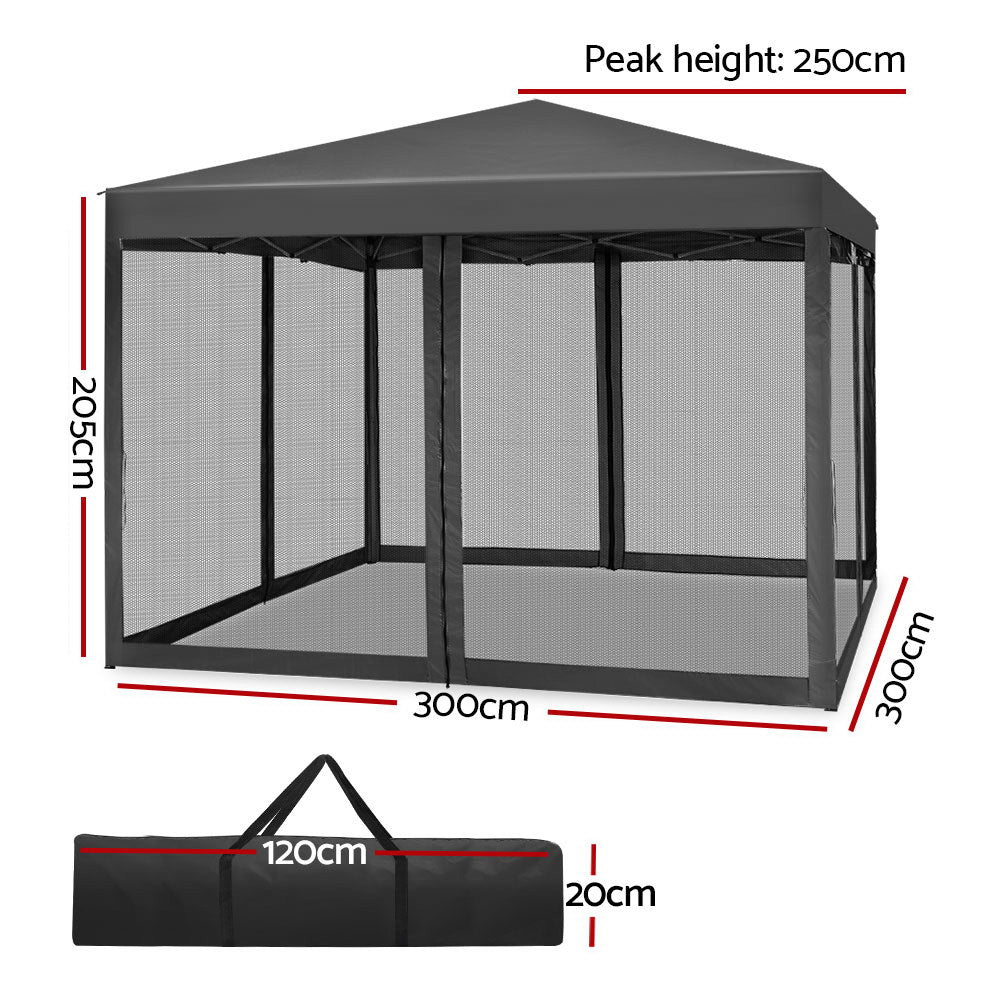 Instahut Gazebo Pop Up Marquee 3x3m Wedding Party Outdoor Camping Tent Canopy Shade Mesh Wall Grey-1