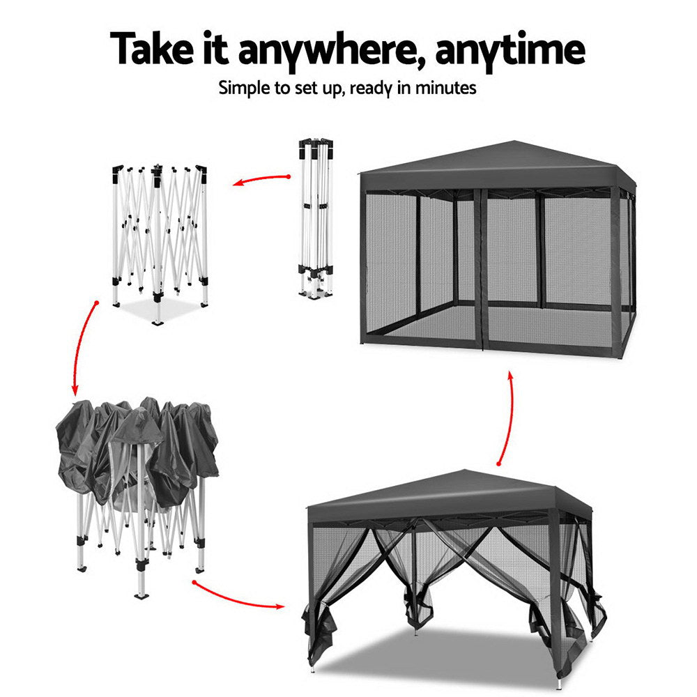 Instahut Gazebo Pop Up Marquee 3x3m Wedding Party Outdoor Camping Tent Canopy Shade Mesh Wall Grey-3