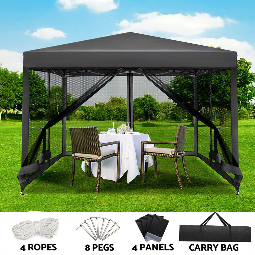 Instahut Gazebo Pop Up Marquee 3x3m Wedding Party Outdoor Camping Tent Canopy Shade Mesh Wall Grey-0
